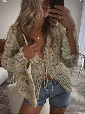 H&M Yellow Floral Tie-Front Sheer Blouse